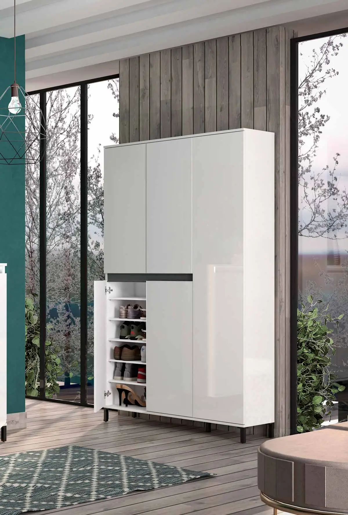 Scarpiera alta Bianco lucido e Ardesia a 5 ante e 20 ripiani, Made in Italy