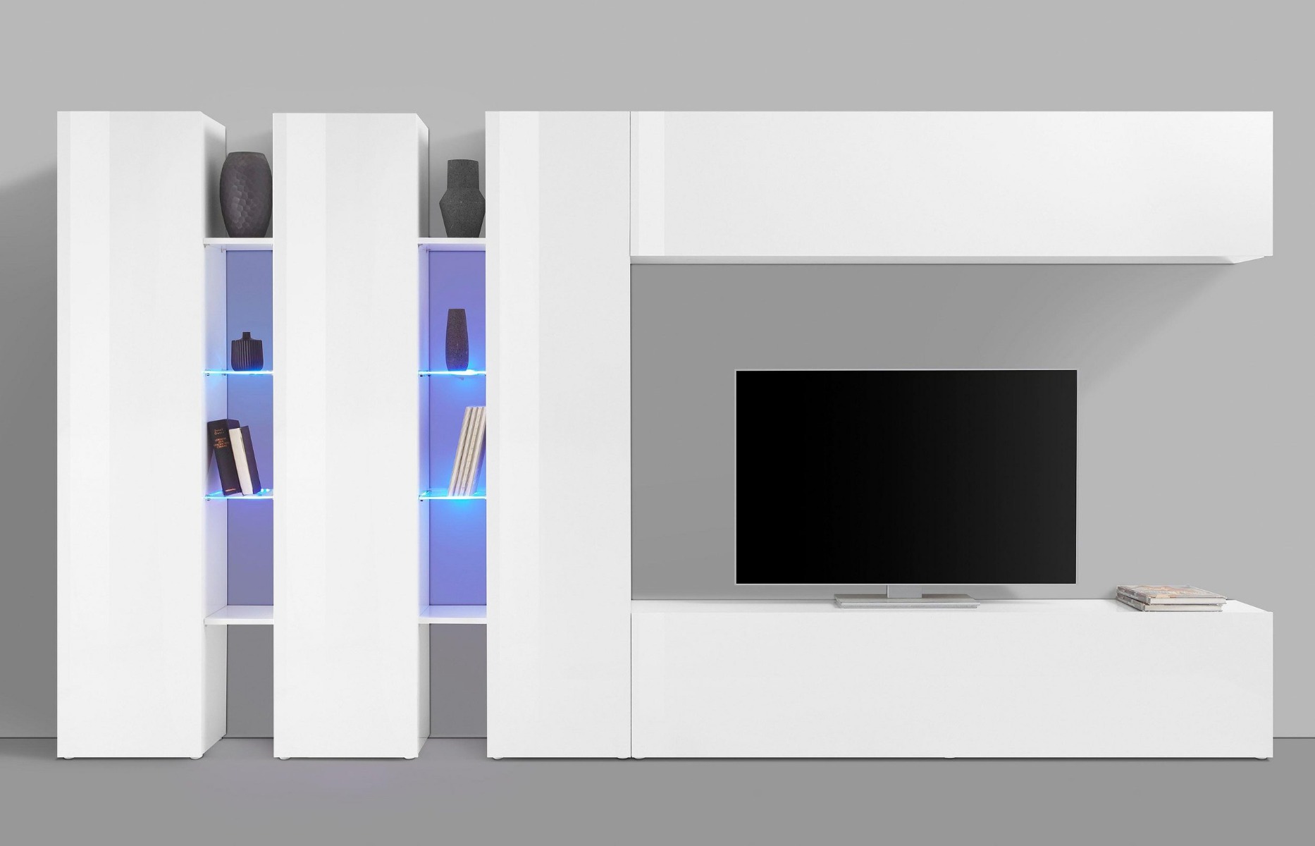 Parete attrezzata L.340 cm, finitura Bianco lucido, Made in Italy