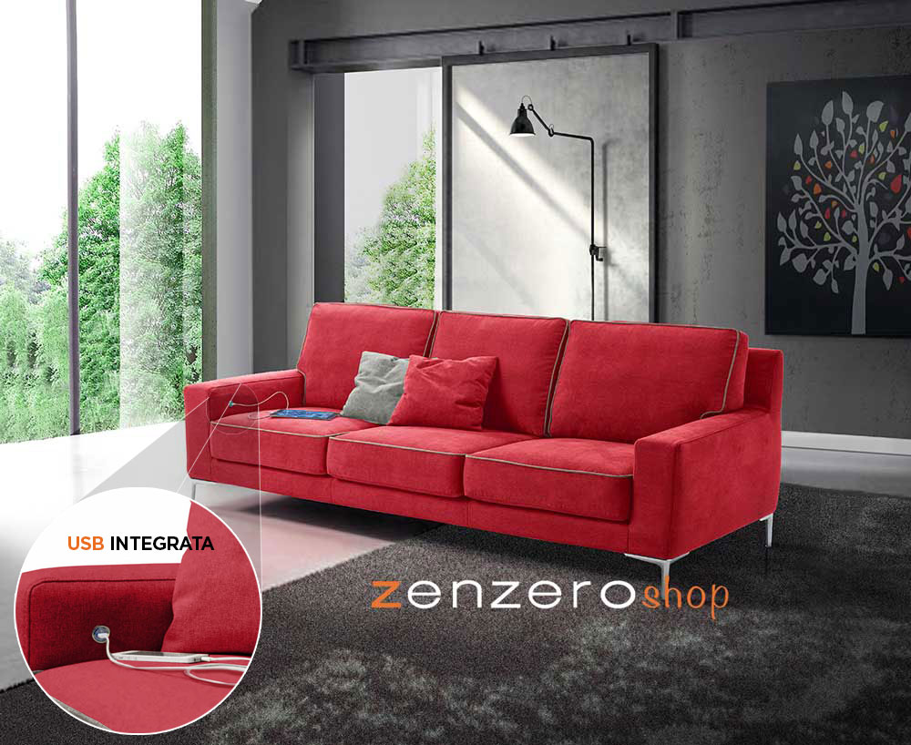 Divano Tor a 3 posti con presa USB integrata, tessuto Vino Rosso con bordino Grigio Chiaro