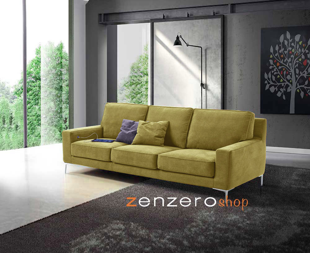 Divano Tor a 3 posti con presa USB integrata, tessuto verde salvia