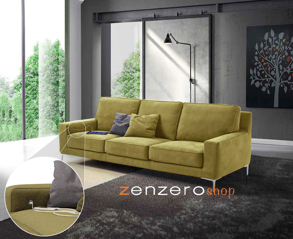 Divano Tor a 3 posti con presa USB integrata, tessuto verde salvia