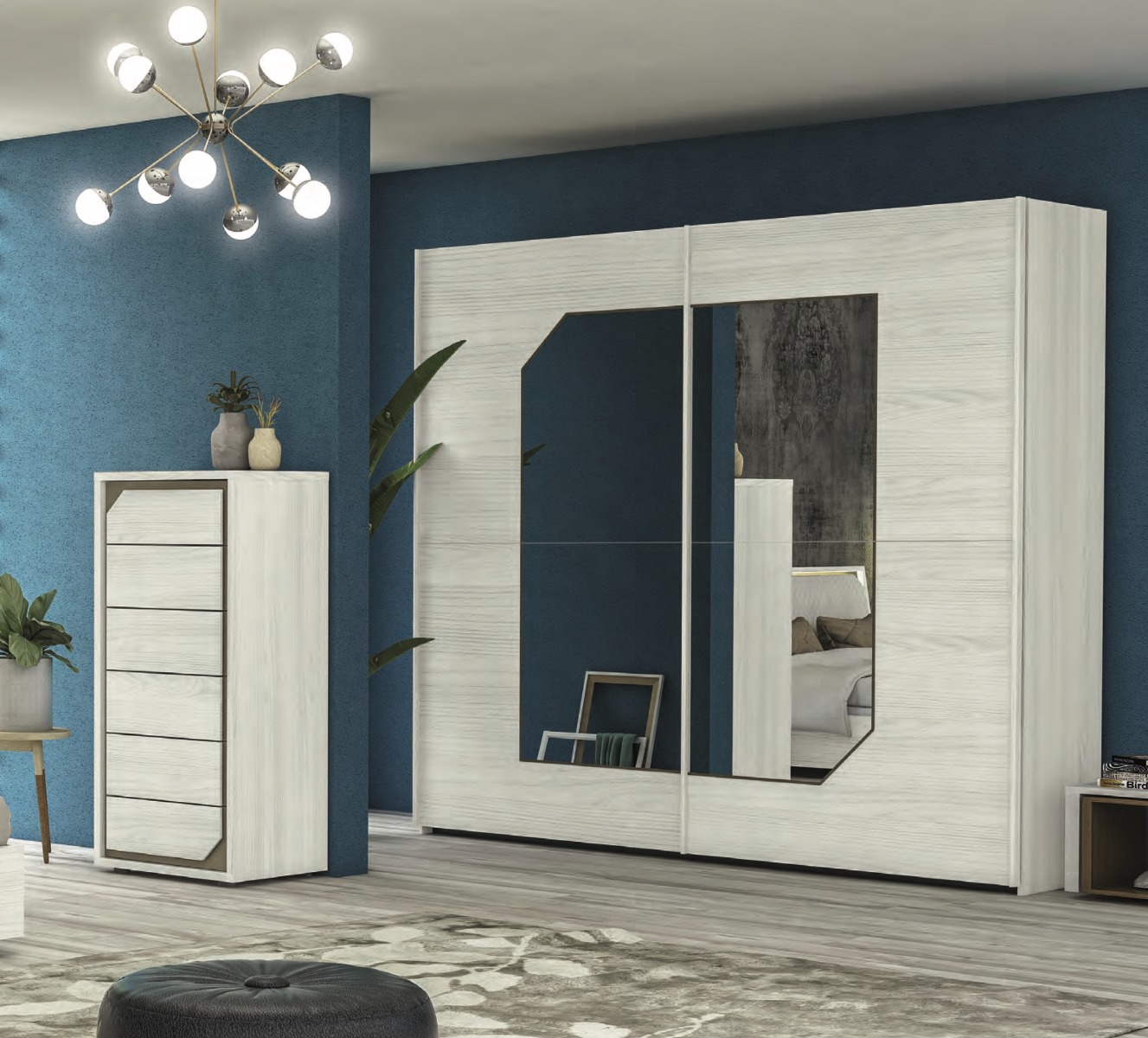 Camera da letto completa, finitura Olmo Bianco e ecopelle con dettagli Visone