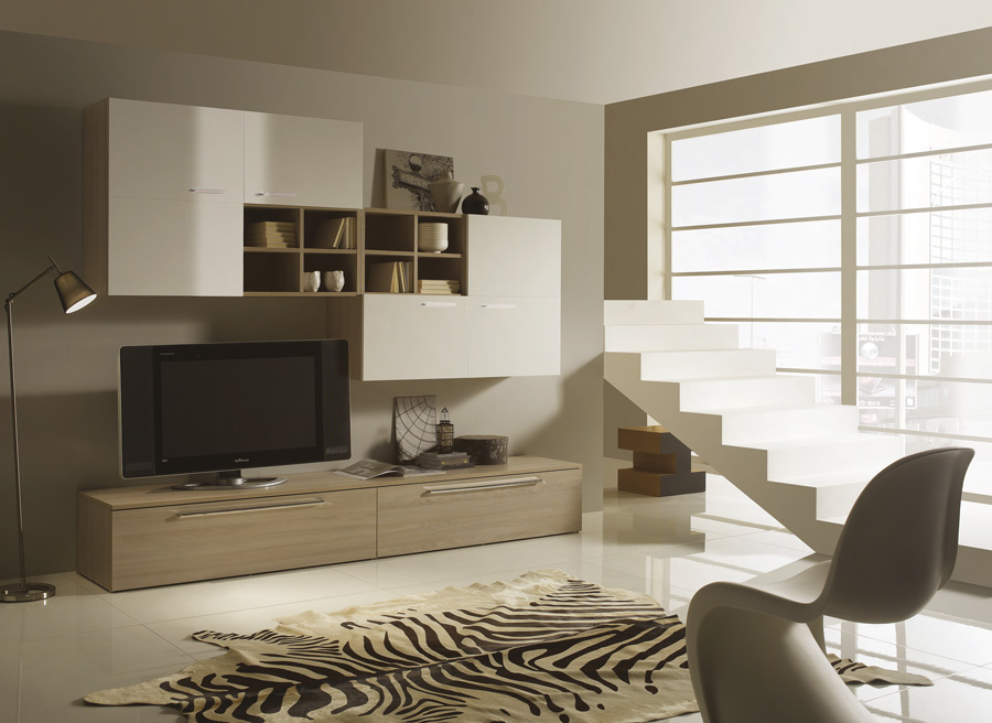 Parete attrezzata finitura Olmo perla, con frontali Bianco seta e libreria