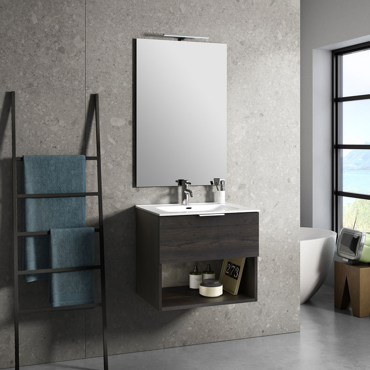 Mobile da bagno sospeso con lavabo in ceramica, colore Testa di Moro