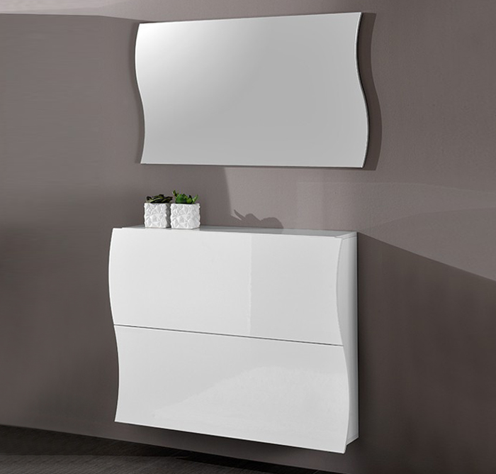 Scarpiera a 2 ante sagomate bianco laccato lucido, linea onda