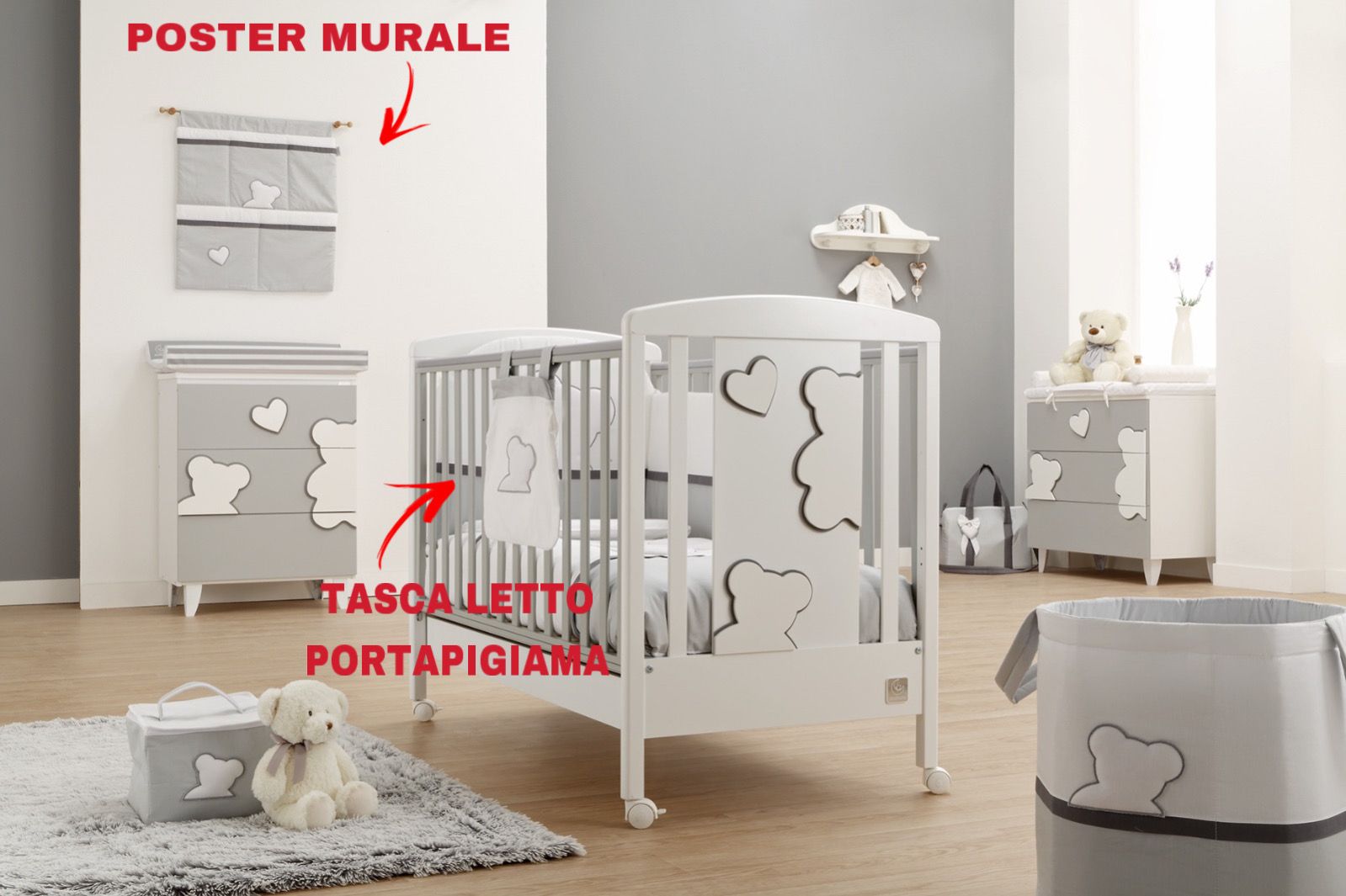 Lettino per neonati Winnie, bianco e Grey con decori orsetto