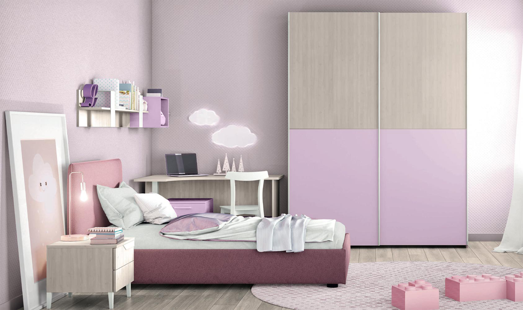 Cameretta completa moderna in finitura Orchidea e Ciliegio bianco