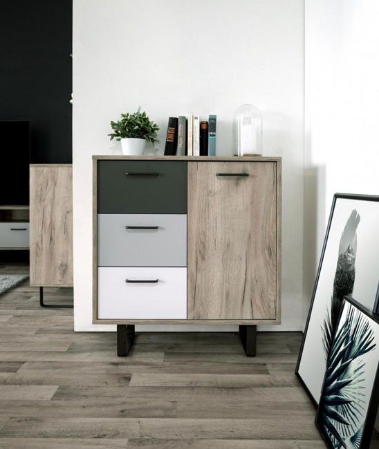 Madia Lappo di design con gambe in metallo, 1 anta 3 cassetti, finitura Quercia, Bianca, Grigio e Antracite