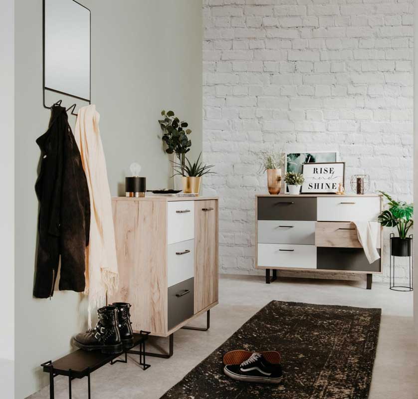 Composizione Lappo con 2 Madie dallo stile Nordik con gambe in metallo, finitura Quercia, Bianca, Grigio e Antracite