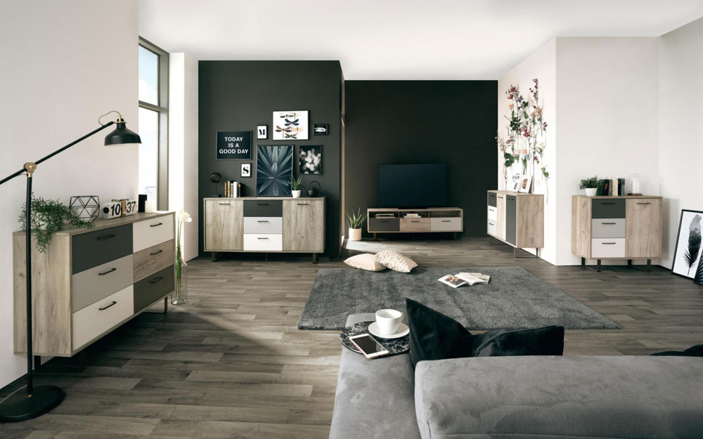 Soggiorno dallo stile nordico, 4 Madie e Porta TV con gambe in metallo, finitura Quercia, Bianca, Grigio e Antracite