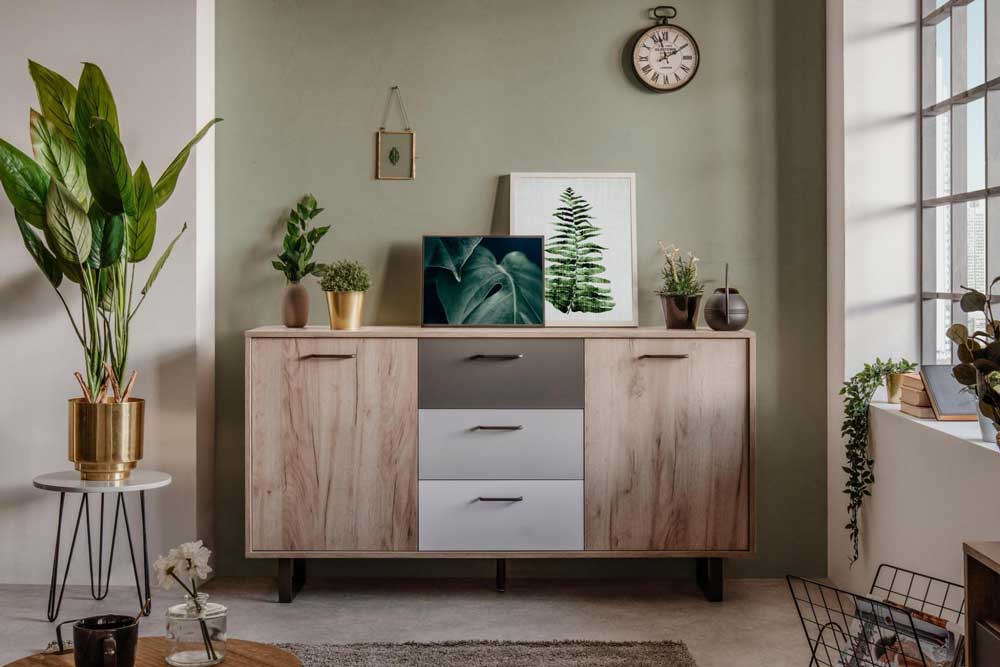 Madia Lappo con gambe in metallo, 2 ante, 3 cassetti, finitura Quercia, Bianca, Grigio e Antracite L 160