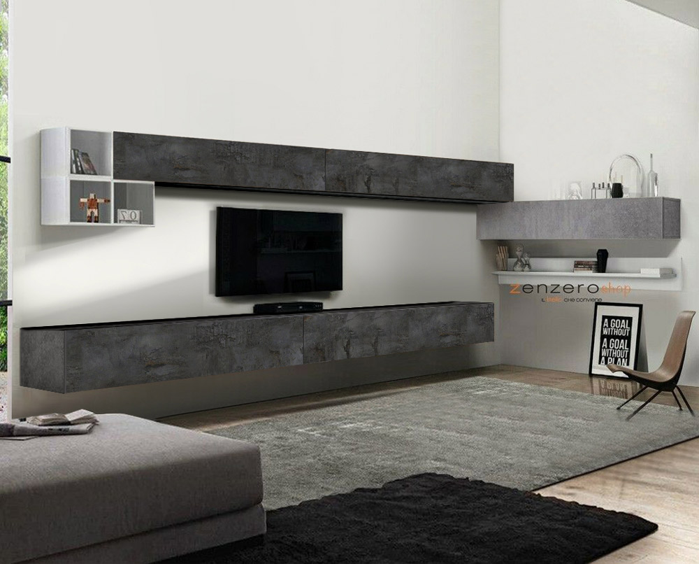 Parete attrezzata Kora XL ad angolo, finitura Ossido e Bianco Lucido