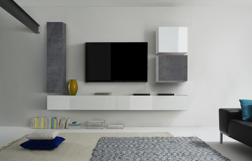 Parete attrezzata moderna in finitura bianca laccata lucida, Ossido e Beton