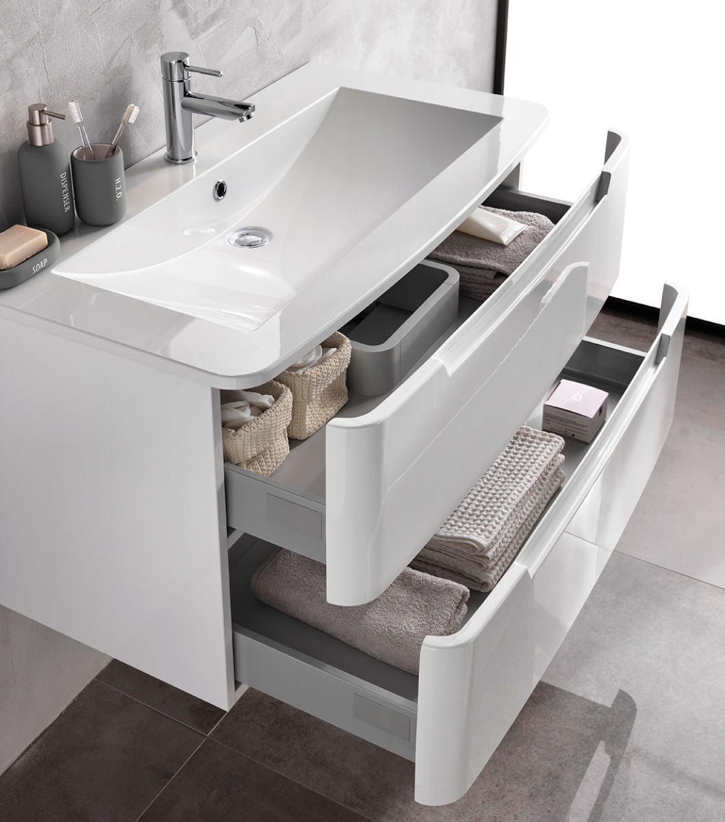 Mobile bagno moderno, 2 cassetti con maniglia a gola, finitura Bianco Lucido