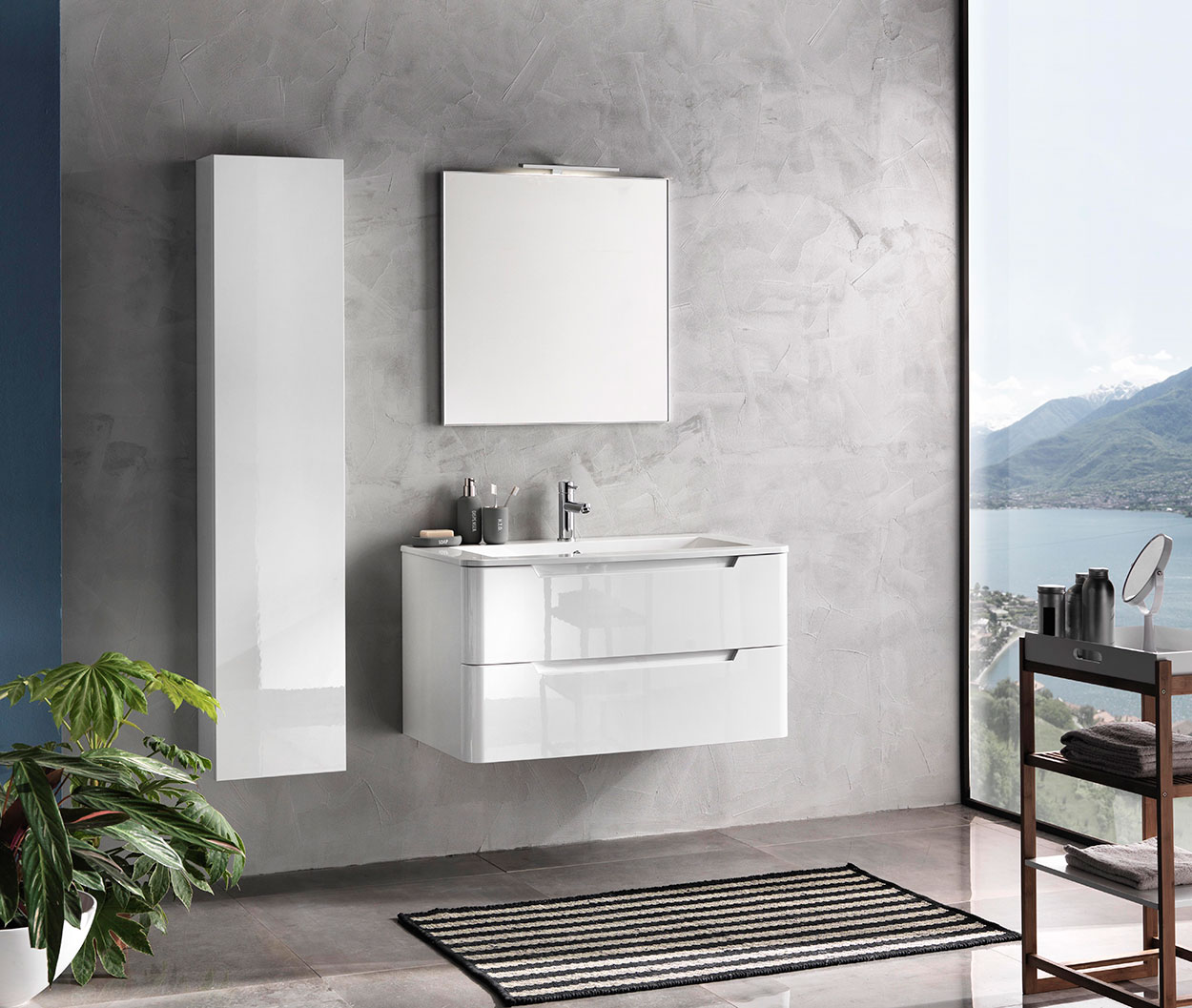 Mobile bagno moderno, 2 cassetti con maniglia a gola, finitura Bianco Lucido