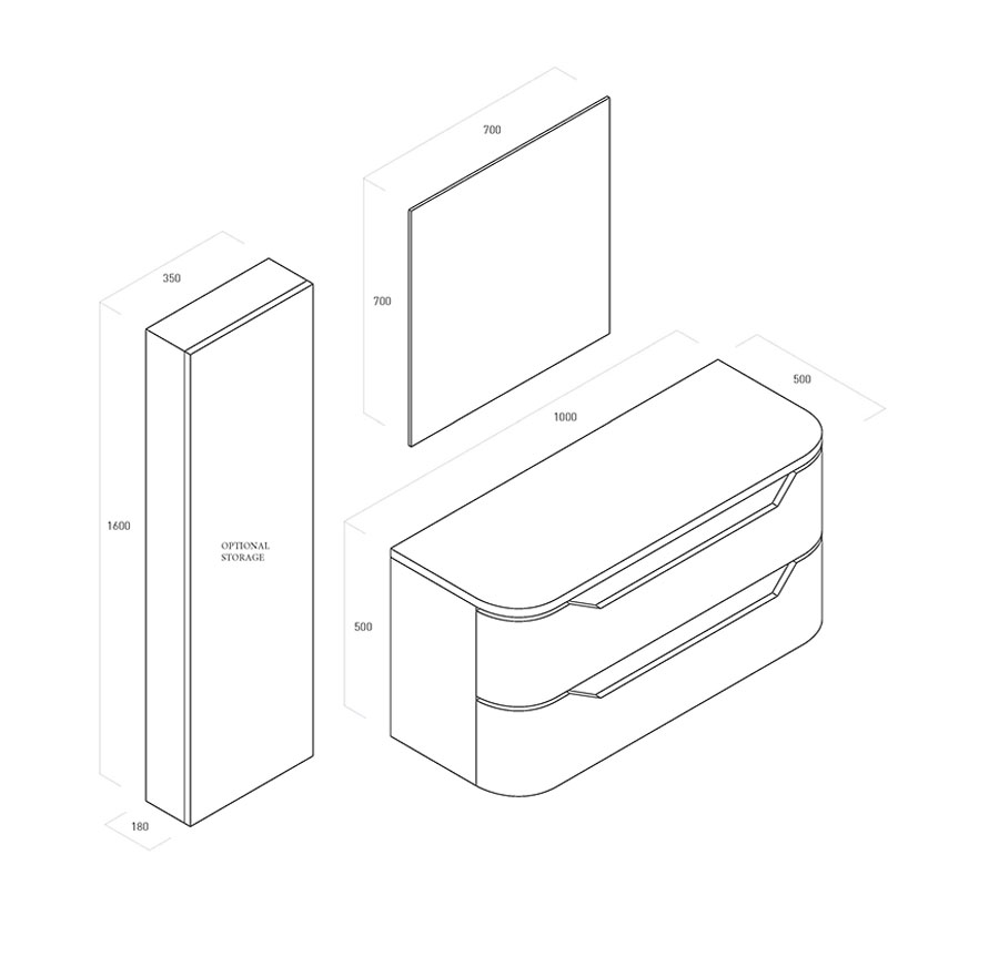 Mobile bagno moderno, 2 cassetti con maniglia a gola, finitura Bianco Lucido