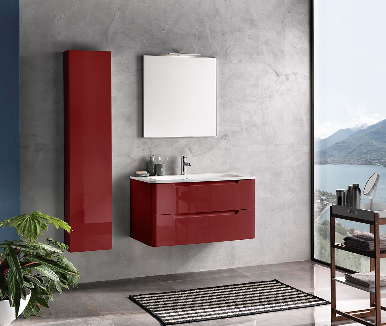 Mobile bagno moderno, 2 cassetti con maniglia a gola, finitura Rosso Lucido