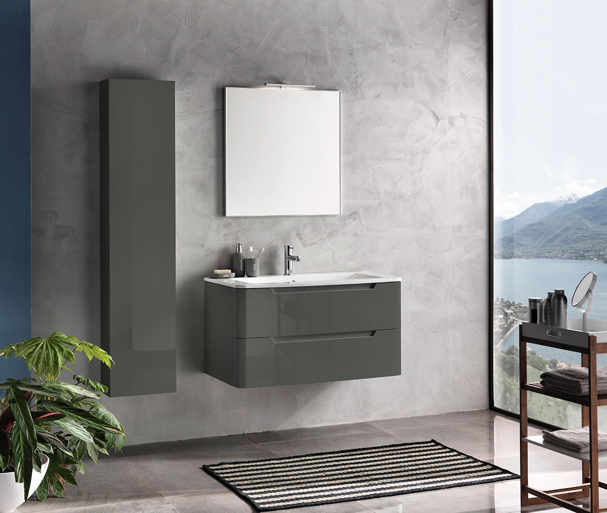Mobile bagno moderno, 2 cassetti con maniglia a gola, finitura Grigio Lucido