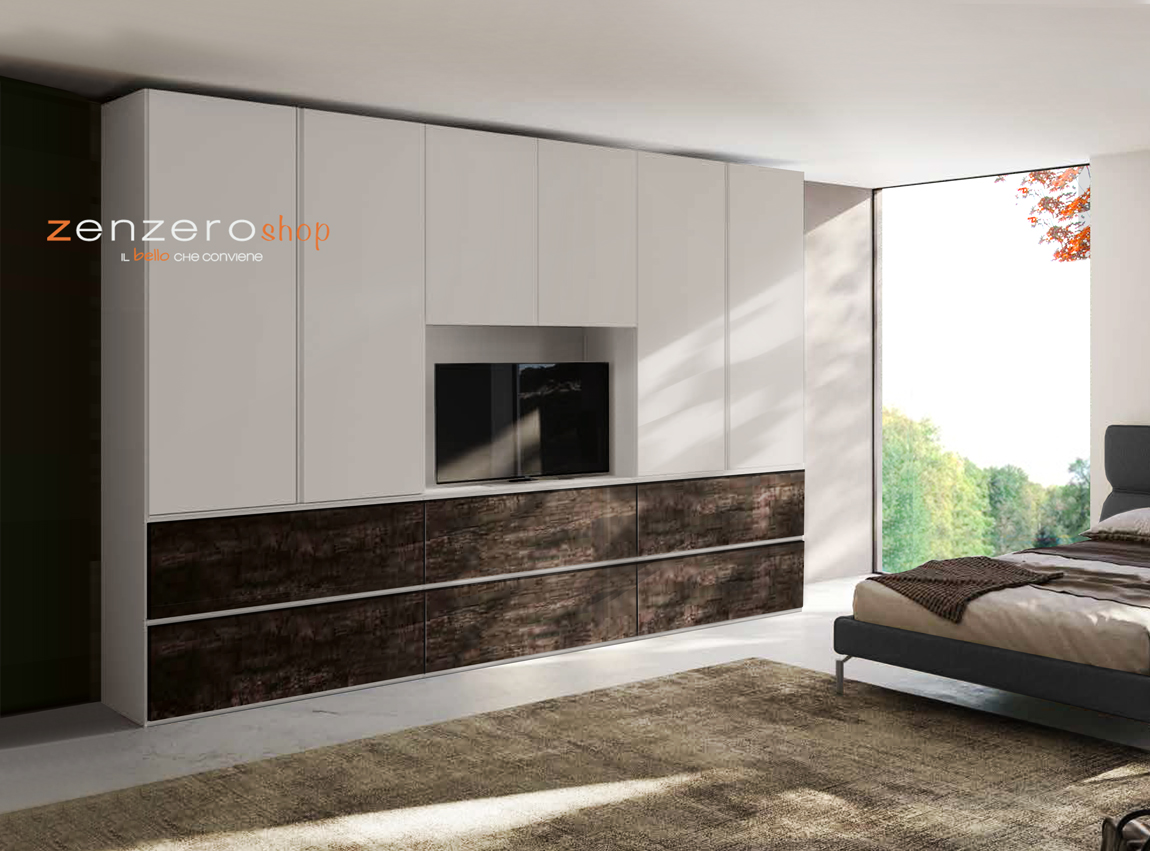 Armadio moderno con 6 ante e 6 cassetti in finitura Grigio seta e Legno bruciato