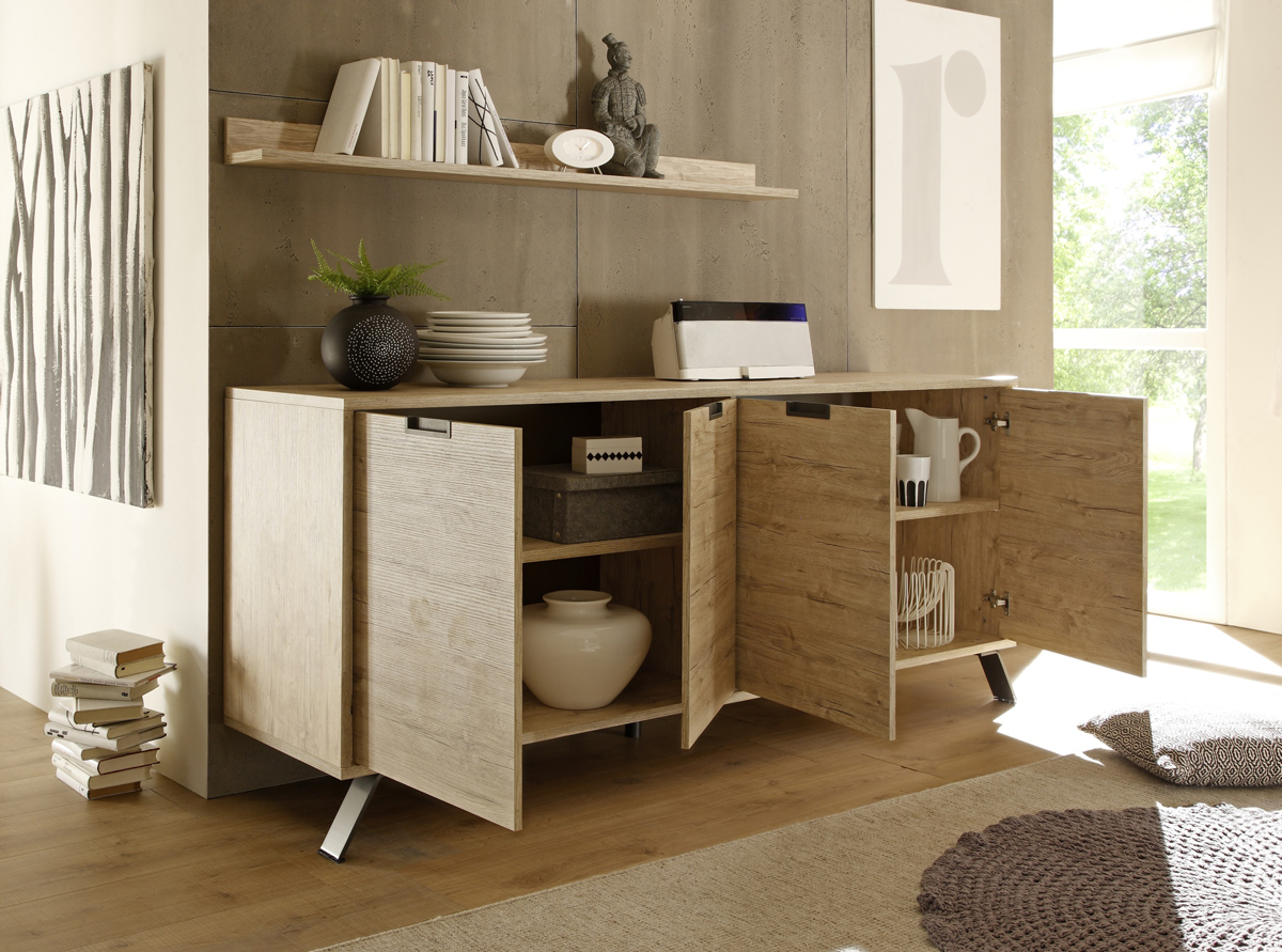 Credenza Moderna, Madia di Design, 4 ante, Legno Sherwood Oak