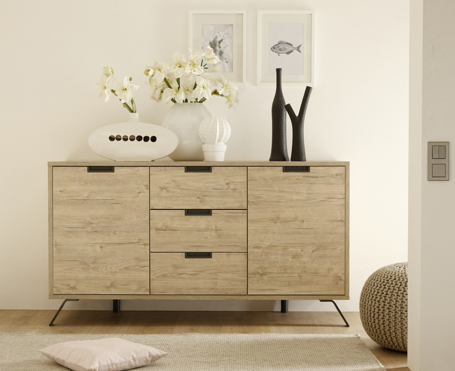 Credenza Moderna, Madia di Design, 2 ante e 3 cassetti, Legno Sherwood Oak