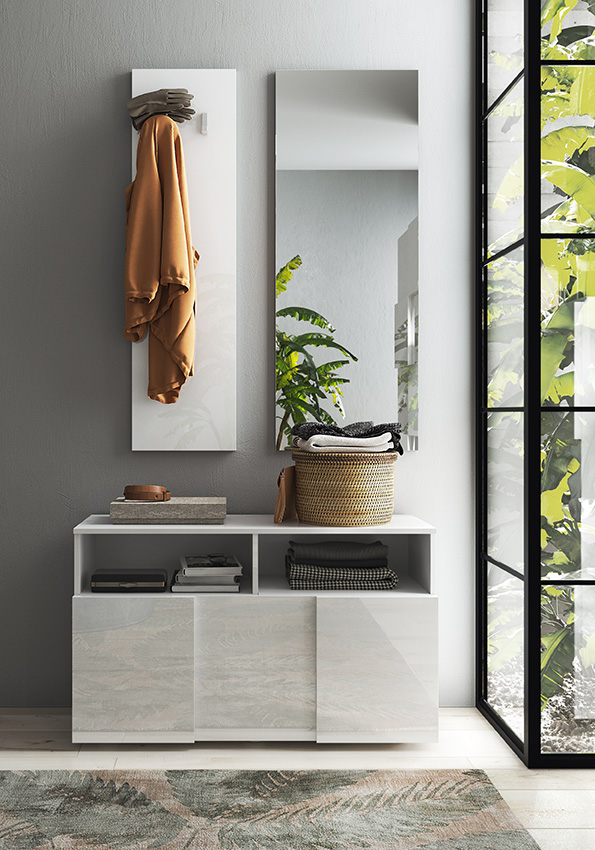 Ingresso con panca, pannello appendiabiti e specchio, finitura Bianco lucido