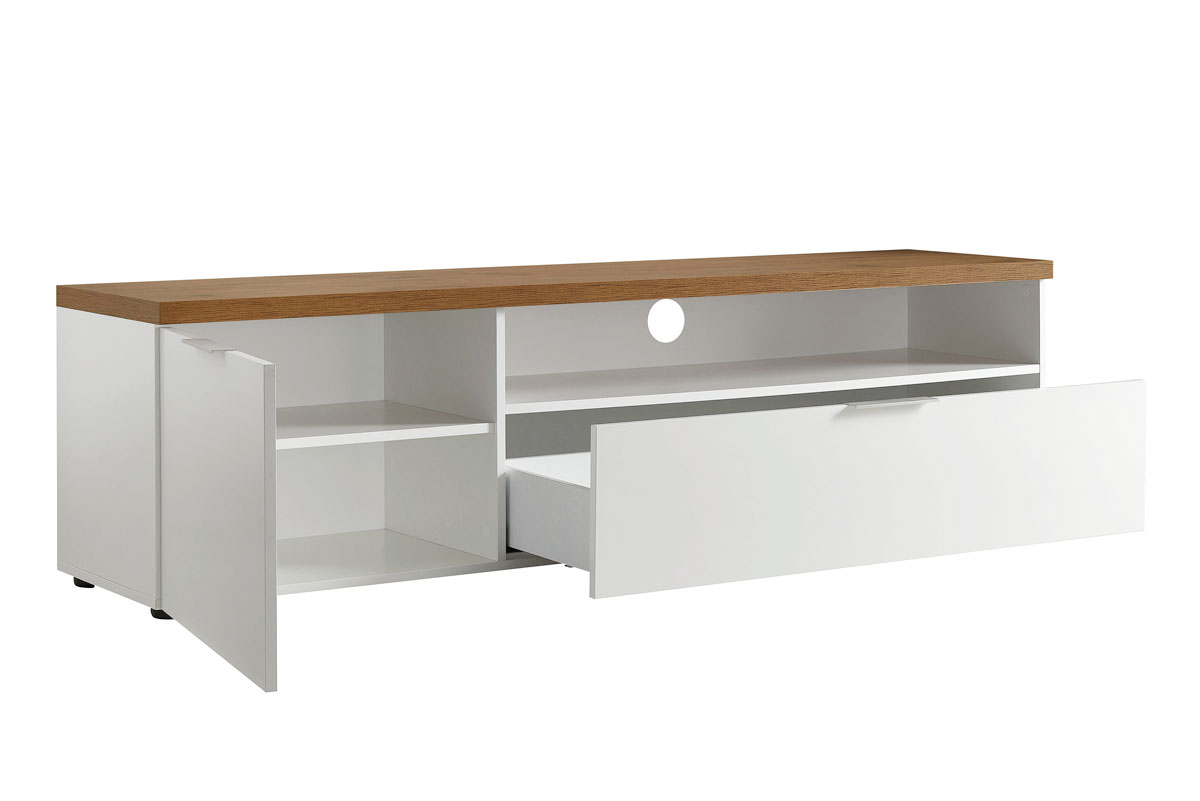 Porta TV moderno L.180 cm finitura Bianco laccato lucido e Castagno