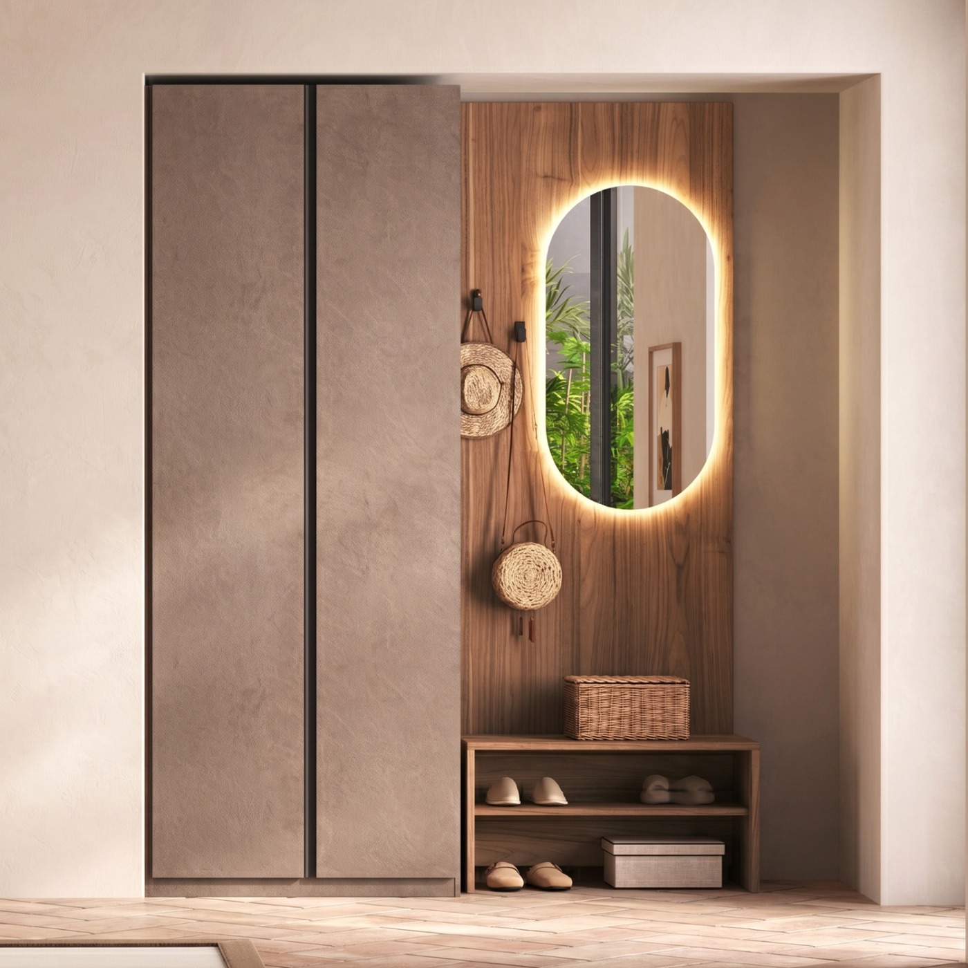 Ingresso con armadio, panca e boiserie, Bronzo e Noce caramello