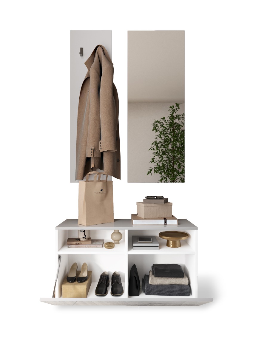 Innovativo Mobile da ingresso geometrico finitura Bianco lucido con dettagli a specchio