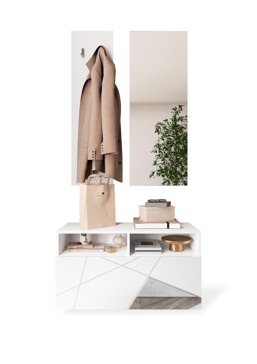 Innovativo Mobile da ingresso geometrico finitura Bianco lucido con dettagli a specchio