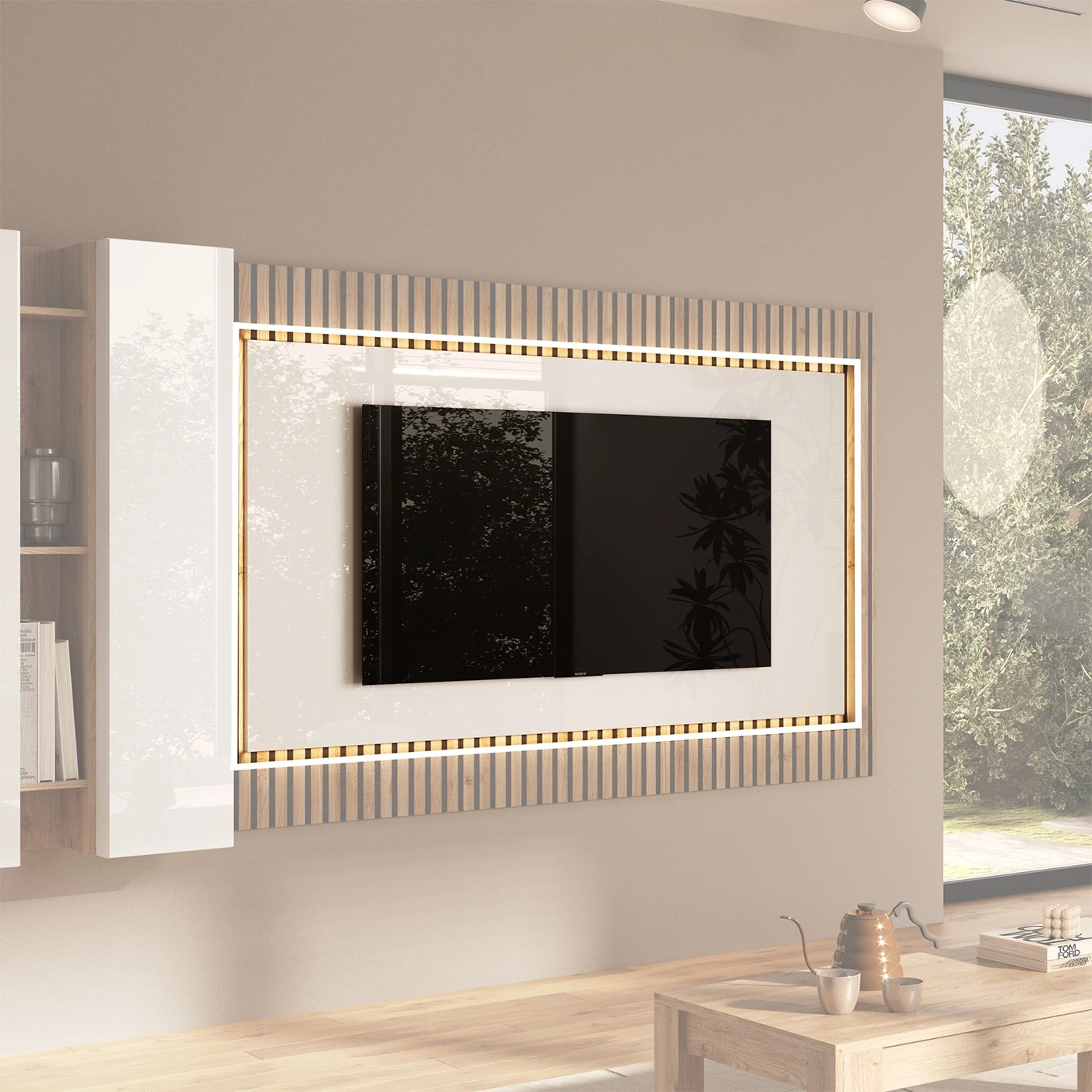 Pannello per TV, L.180 H.100 P.2, in finitura Bianco lucido