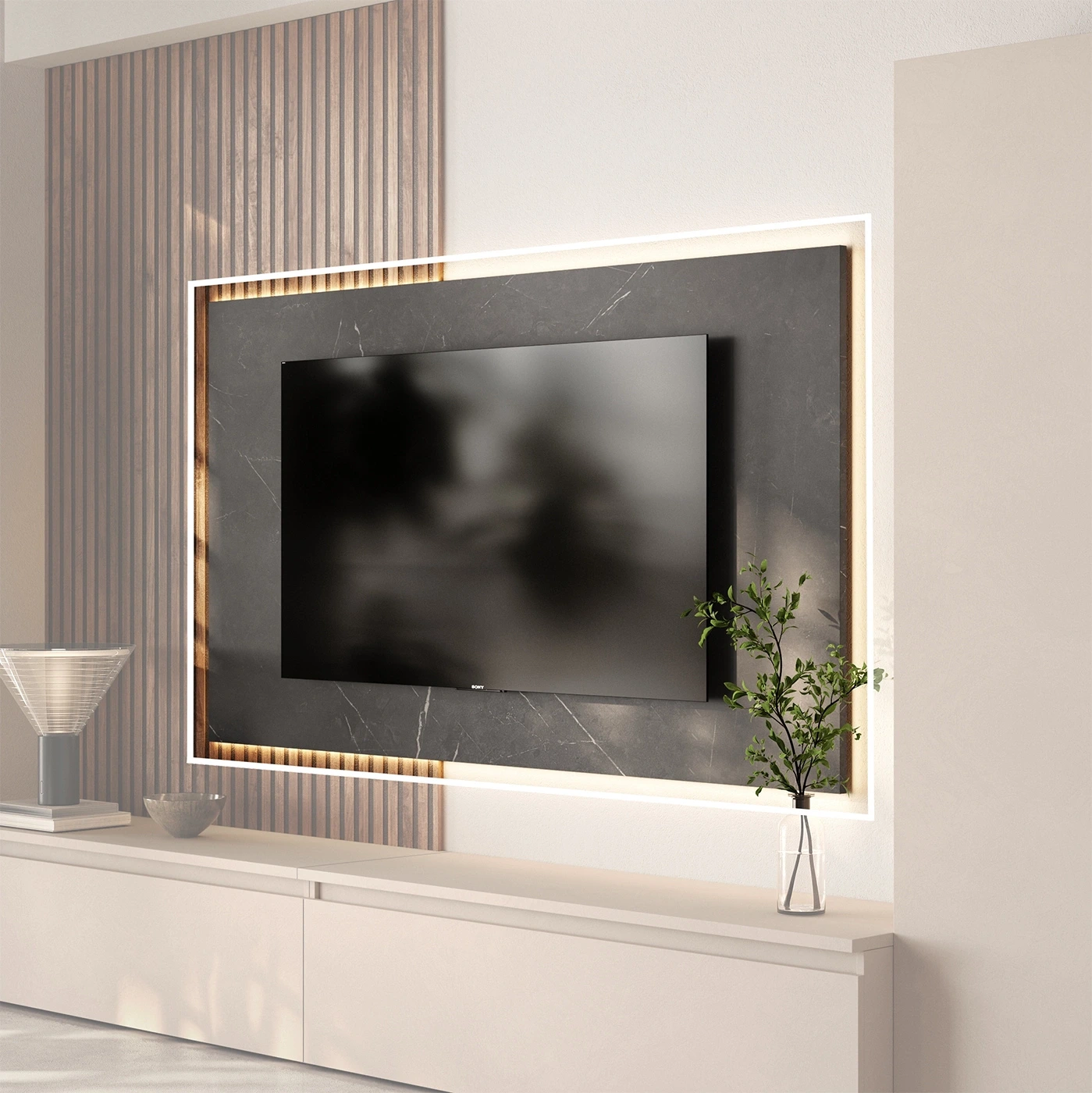 Pannello per TV, L.180 H.100 P.2, in finitura Marmo Nero