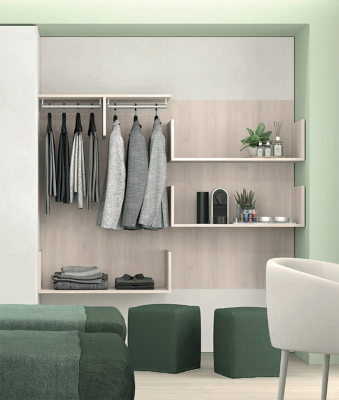 Panello attrezzato con 3 mensole e 2 tubi appendiabiti in finitura Noce brina