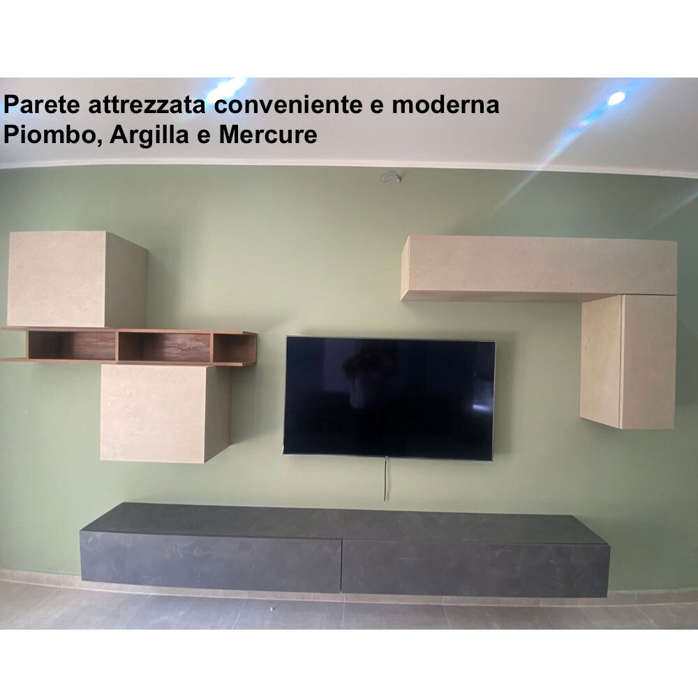 Parete Attrezzata moderna Made in Italy, Bronzo, Argilla e Mercure