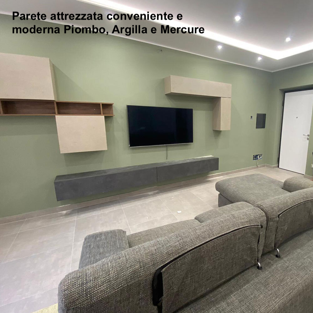 Parete Attrezzata moderna Made in Italy, Bronzo, Argilla e Mercure