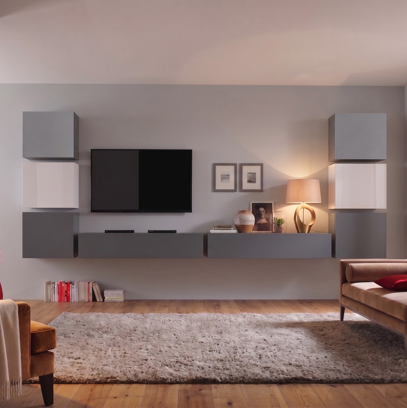 Parete attrezzata con 2 ribalte e 6 cubi, finitura Bianco lucido, Piombo e Ardesia
