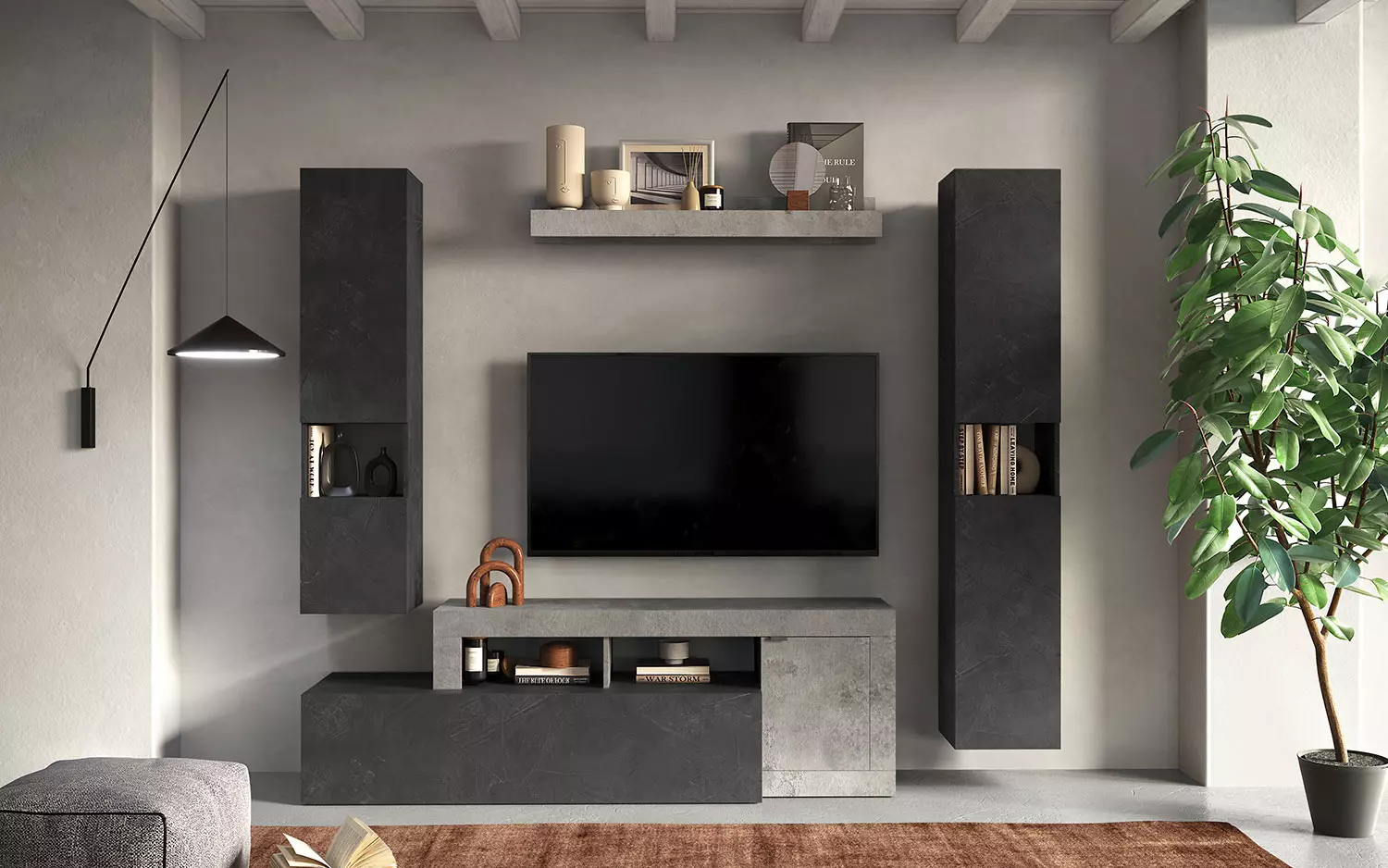 parete con porta tv e colonne