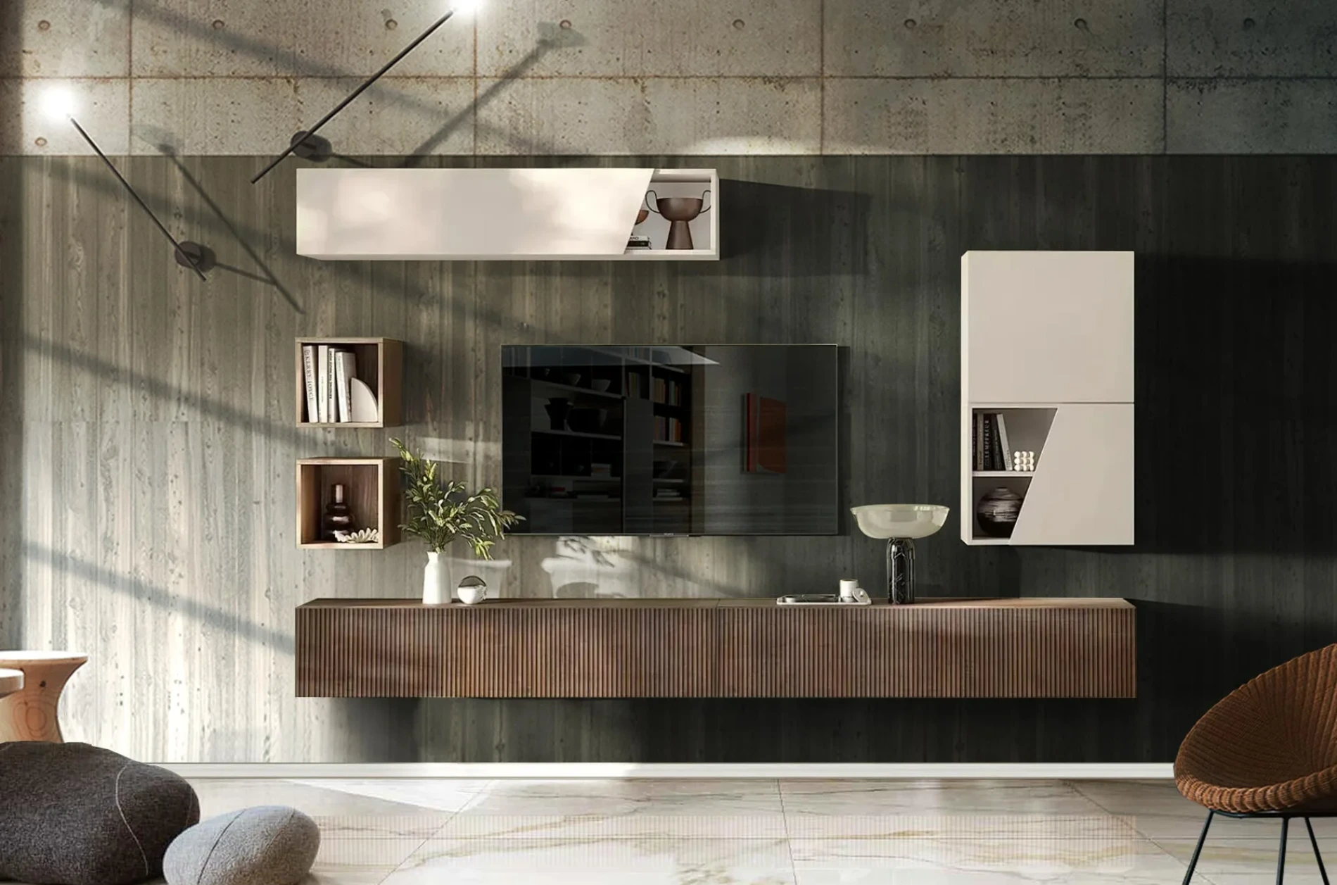 Parete attrezzata 305x30x210 h cm,Cashmere e Mercure cannettato, collezione Logica Zenzero Shop