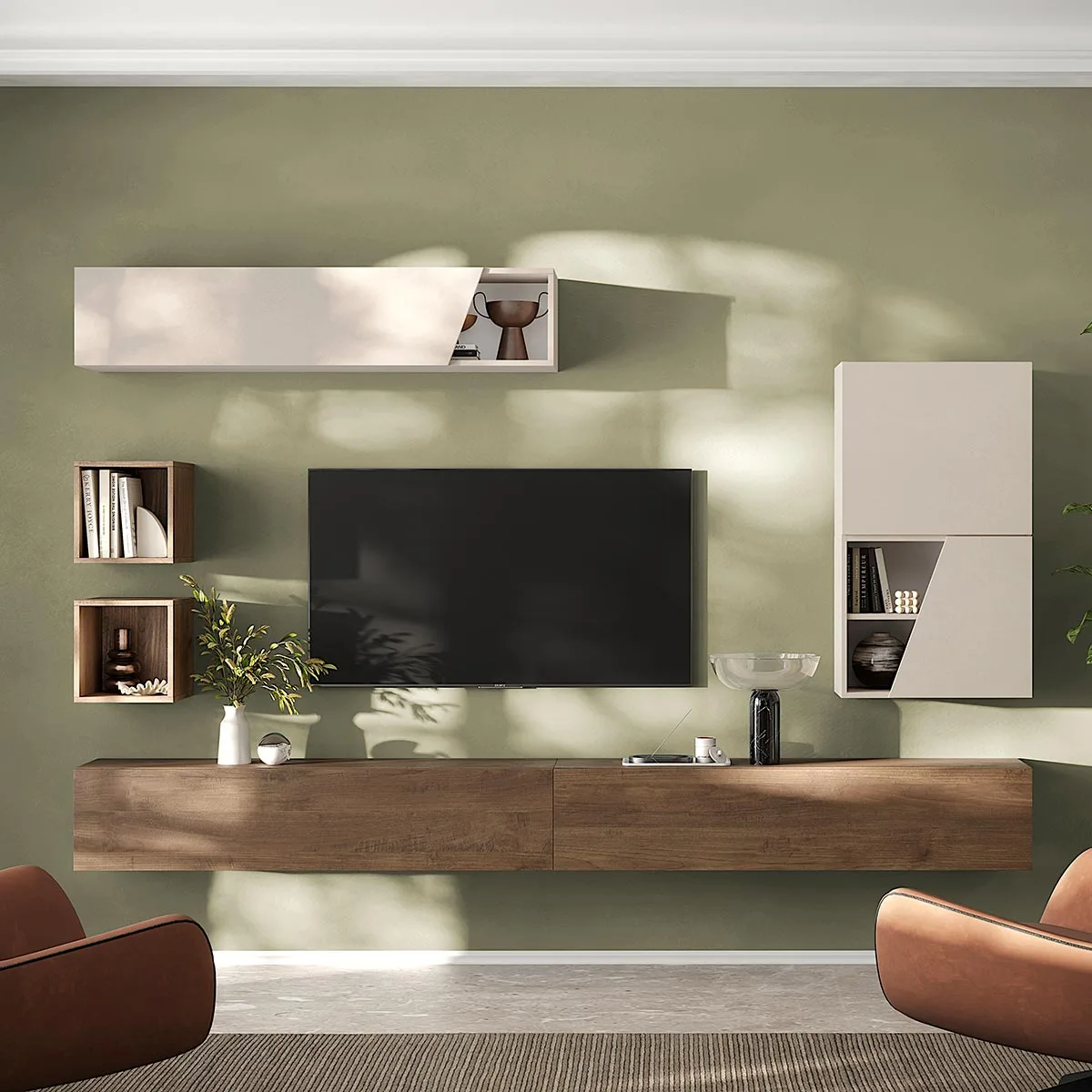 Acquista ora Parete sospesa con ante oblique, 305x30x210 h cm, Cashmere e Mercure, collezione Logica