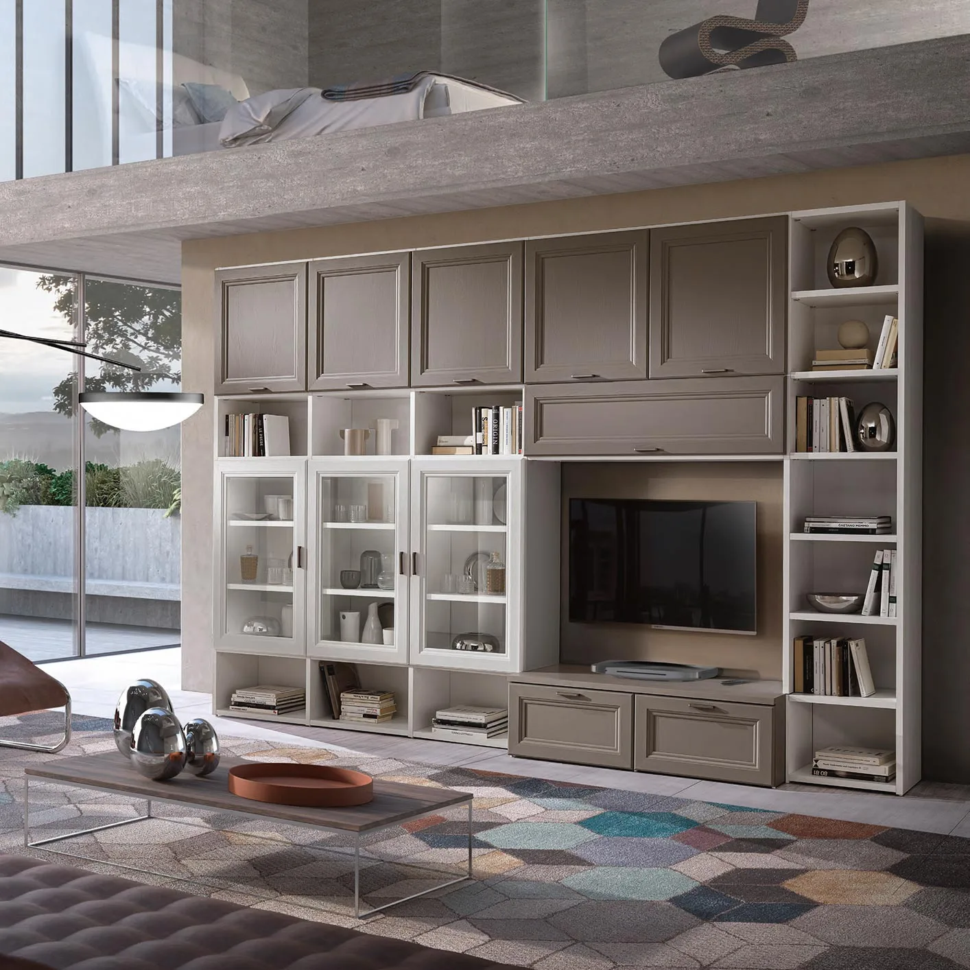 parete contemporanea tortora e bianco frassino