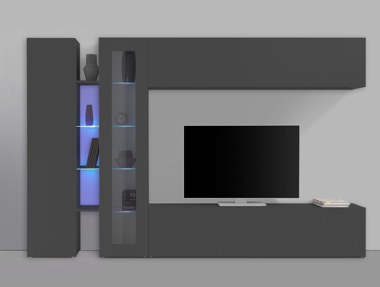 Elegante Parete attrezzata di design con vetrina L.280 cm, finitura Antracite lucido