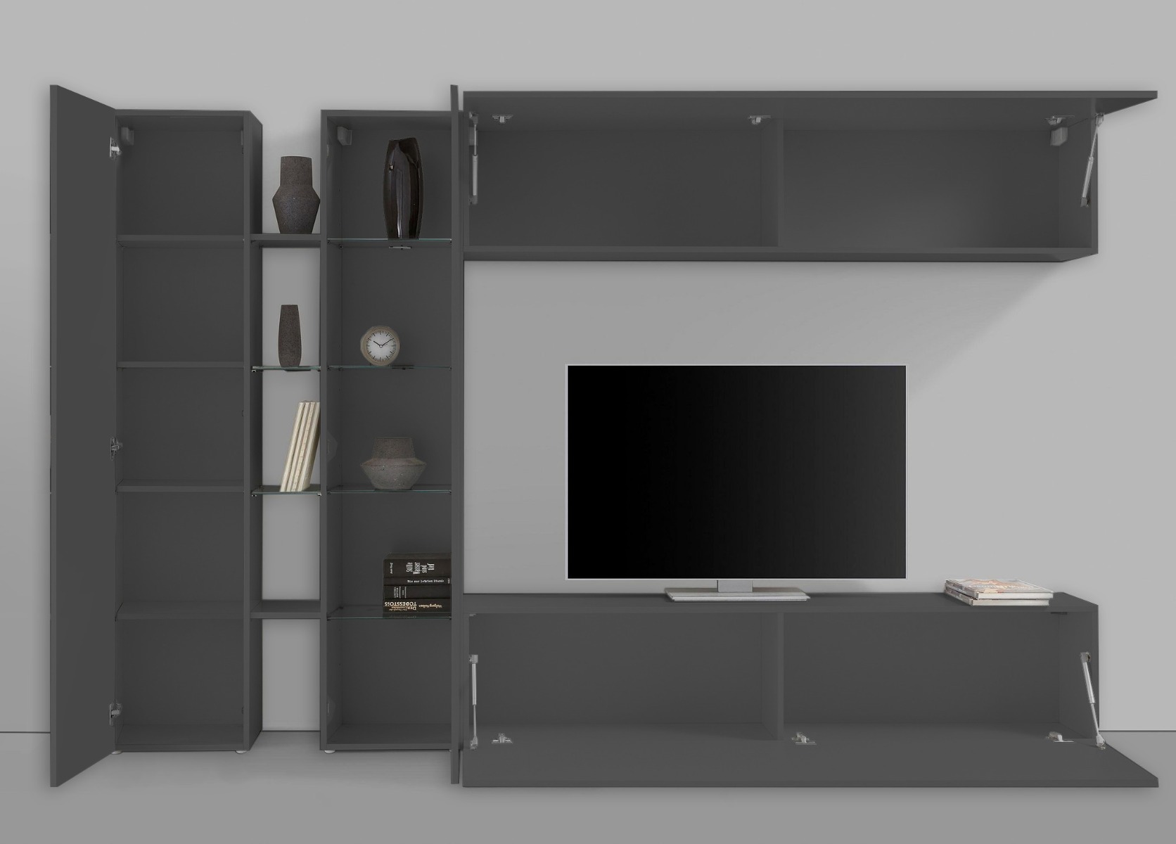 Elegante Parete attrezzata di design con vetrina L.280 cm, finitura Antracite lucido