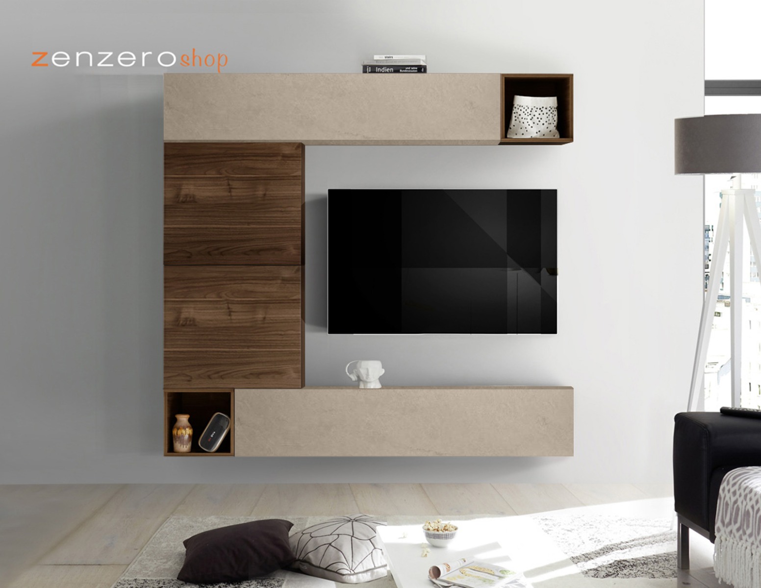 Parete attrezzate Zenzero parete sospesa in Noce Dark, Mercure e Argilla