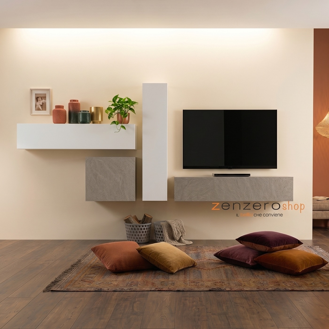 Parete attrezzata moderna di design, Noce Dark e Laccato Bianco Lucido - 321x169 cm Zenzero Shop