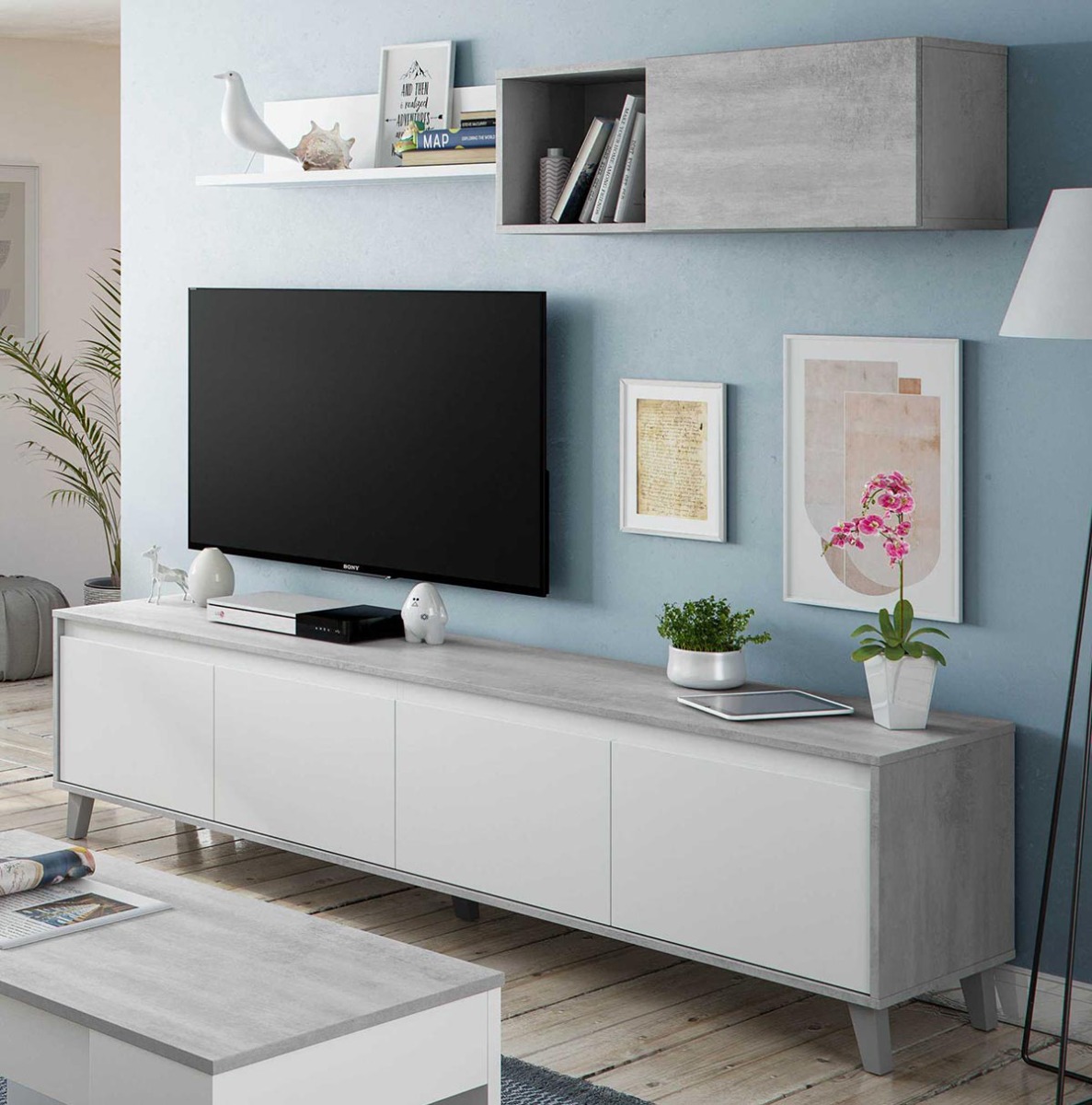 Parete attrezzata scontata, finitura bianco opaco e cemento