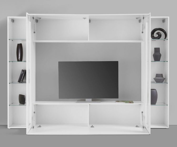 Elegante Parete attrezzata sospesa con 2 vetrine e 2 pensili orizzontali, finitura bianco lucido