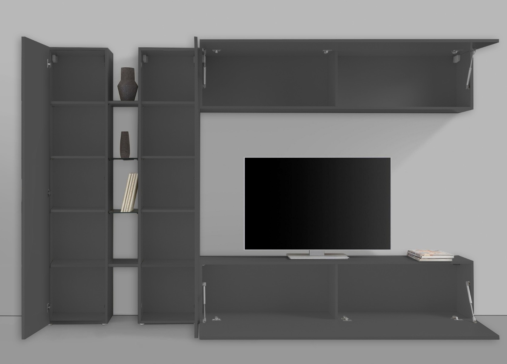 Parete attrezzata economica e moderna con vetrina L.280 cm, finitura Antracite lucido