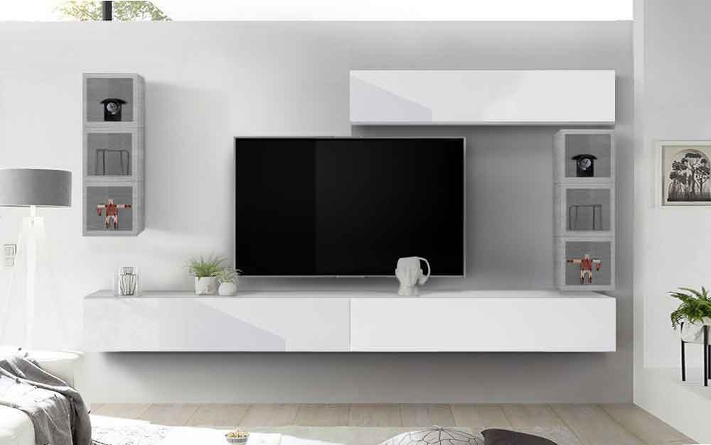Mobili parete soggiorno parete attrezzata con 6 vani a giorno finitura Bianco e Artico