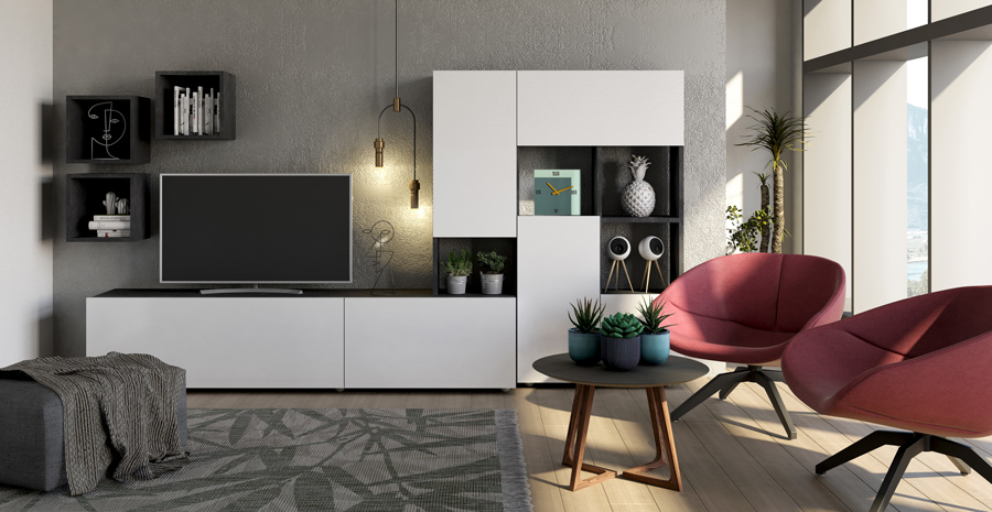 Parete attrezzata moderna, finitura bianco lucido e grigio Made in Italy