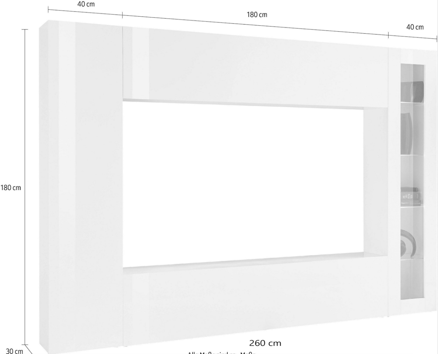 Soggiorno Zenzero, parete attrezzata con 1 vetrina, 2 pensili orizzontali e 1 colonna, finitura bianco lucido